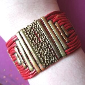 Vintage Alexis Kirk leather brass bracelet red gold tone boho bohemian